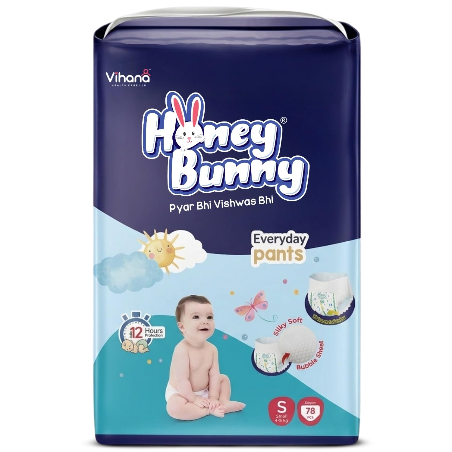 Honey Bunny Everyday Baby Diapers Pants | Small (S), 78 Count, 4-8 kg | Silky Soft on Skin, Bubble Layer | 12 Hours Protection Baby Diaper-image-20