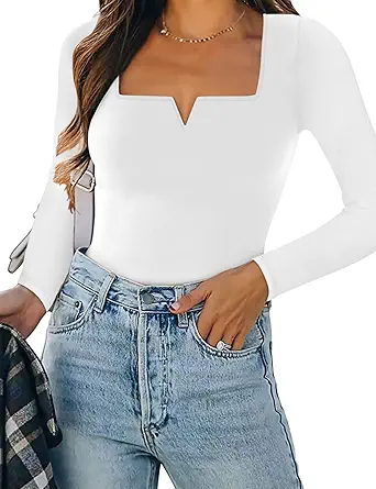 SAUNGKUAI Women's Long Sleeve Short Sleeve Notch Neck Square Neck Thong Bodysuit Tops