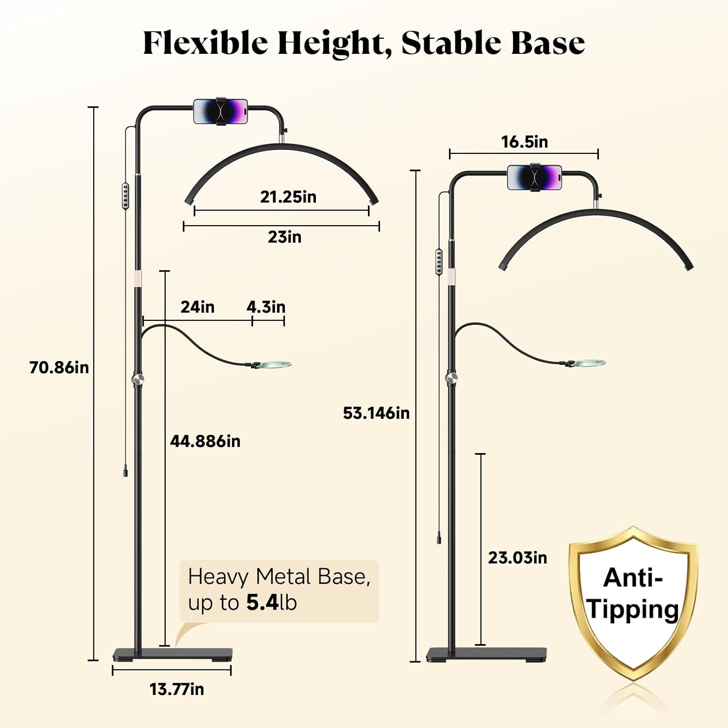 Half Moon Lash Light - Bling Diamond Lash Lamp with 4X Magnifier & Phone Holder, Adjustable Floor Lamp for Eyelash Extensions, Nail Art, Tattoo, Skincare, Dimmable Brightness, Rotating Head, Black