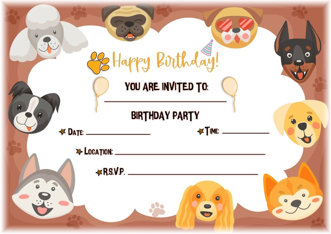 MrPurple Dog Themed Children's Birthday Party Invites - Landscape Paw print Design - Party Supplies/Accessories (Pack of 12 A5 Invitations) (WITHOUT Envelopes)