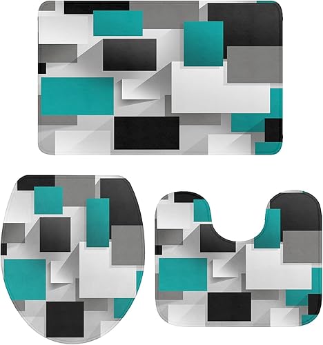 Miniatura 4 de Bathroom Rugs Sets 3 Piece Bath Mat,Green Black Square Color Block Overlay Soft Non-Slip Bath Rug Set,Absorbent Shower Rugs Toilet Seat Cover