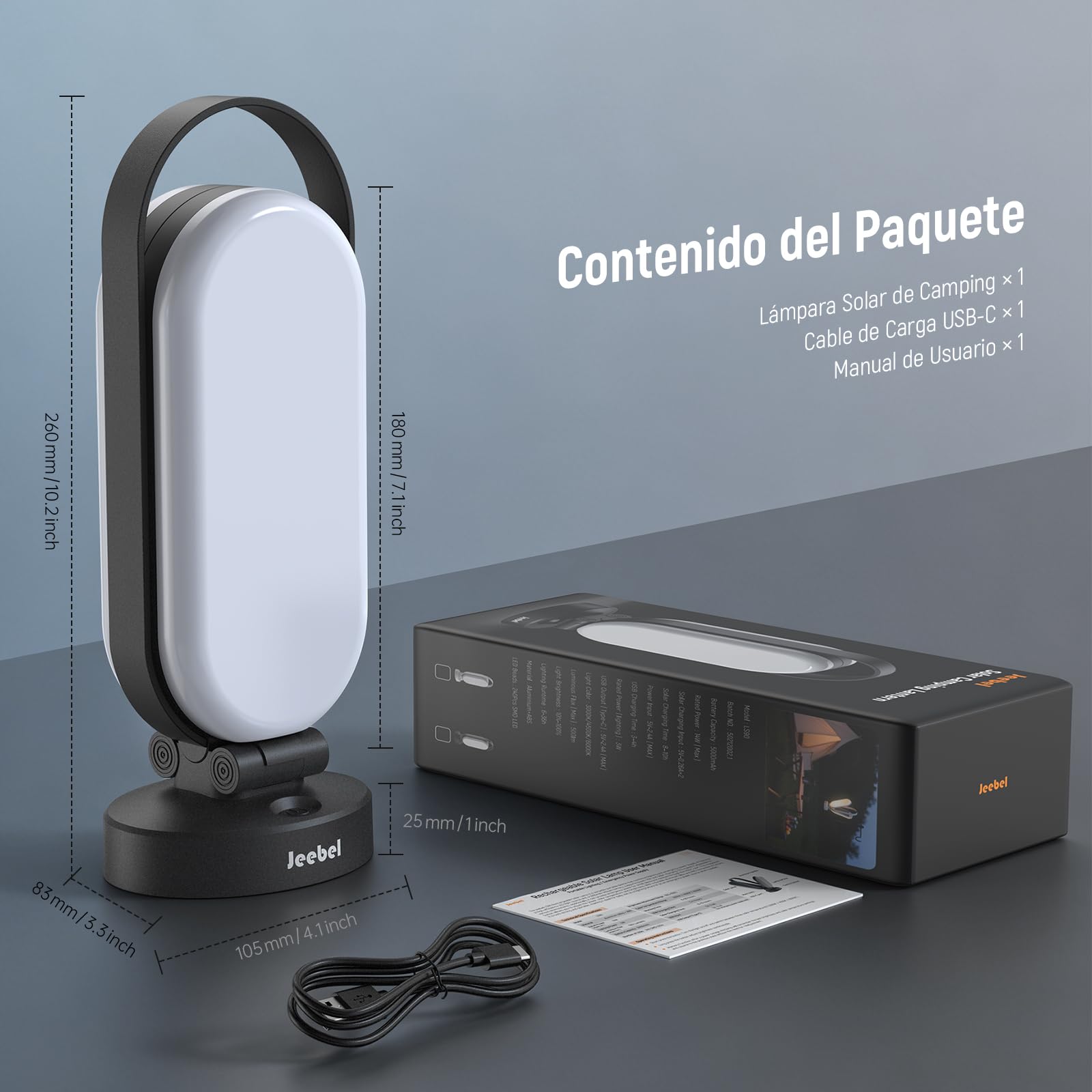 Jeebel Lámpara de Camping Solar, Linterna LED Recargable Plegable con Batería Externa 5000mAh, Regulable Toque, 4 Modos, IP55, Luz para Tienda de Exterior/Excursión/Urgencia/Corte de Corriente (Negro)