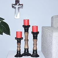 Vista 27 de Juego de tres portavelas de pilar de 6 pulgadas, 12 pulgadas y 6 pulgadas de madera de mango hecho a mano Pulido oscuro