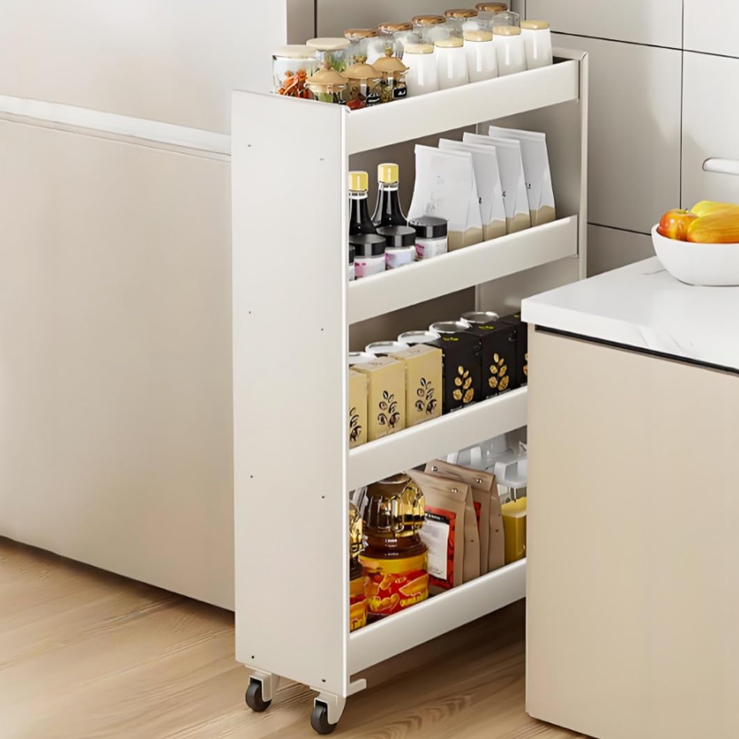 Carrello portaoggetti sottile in metallo a 4 ripiani, con ruote, per cucina e bagno, per piccoli spazi (bianco, 47,8 x 16,8 x 75,9 cm)