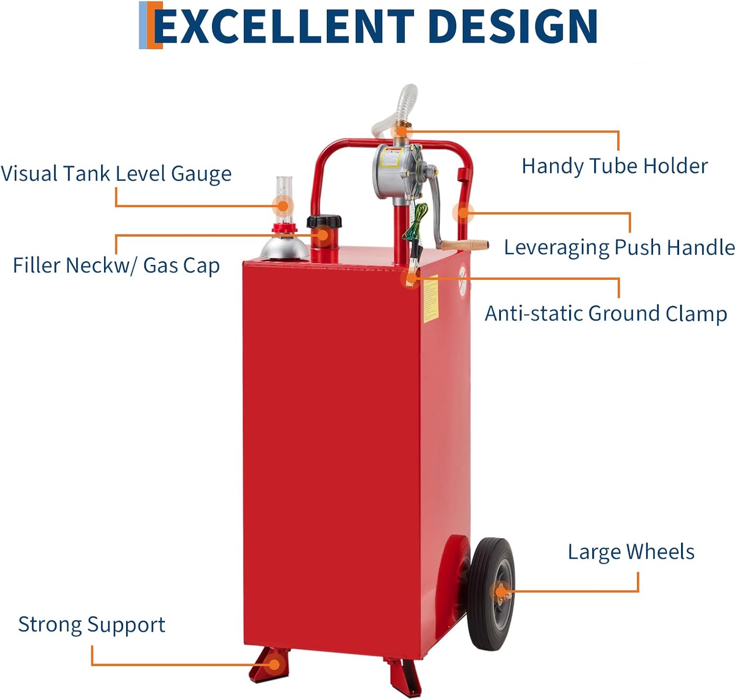 Heavy-Duty Portable Fuel Caddy 35Gallon – Manual Transfer Pump & 2 Wheels – Gasoline & Fuel Storage Tank for Cars, Lawn Mowers, ATVs, Boats – Reliable Outdoor Fuel Container.(Red)