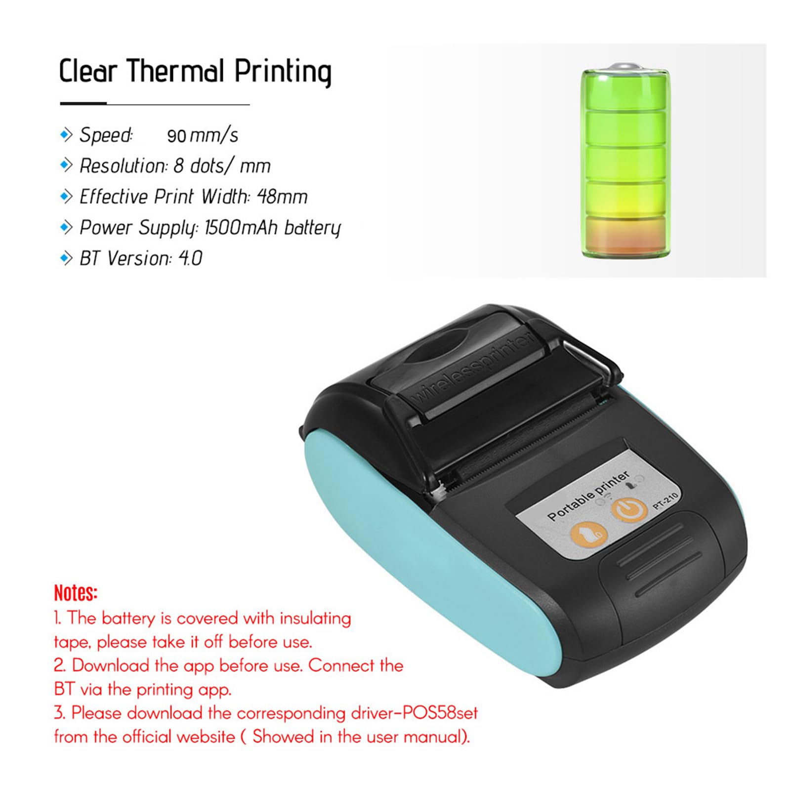 Tragbarer Thermodrucker Pt-210, 58mm BT-Belegdrucker Bondrucker für Einzelhandelsgeschäfte, Restaurants, Fabriken, Logistik, 1 Rollen Papier, Geeignet für iOS für Android
