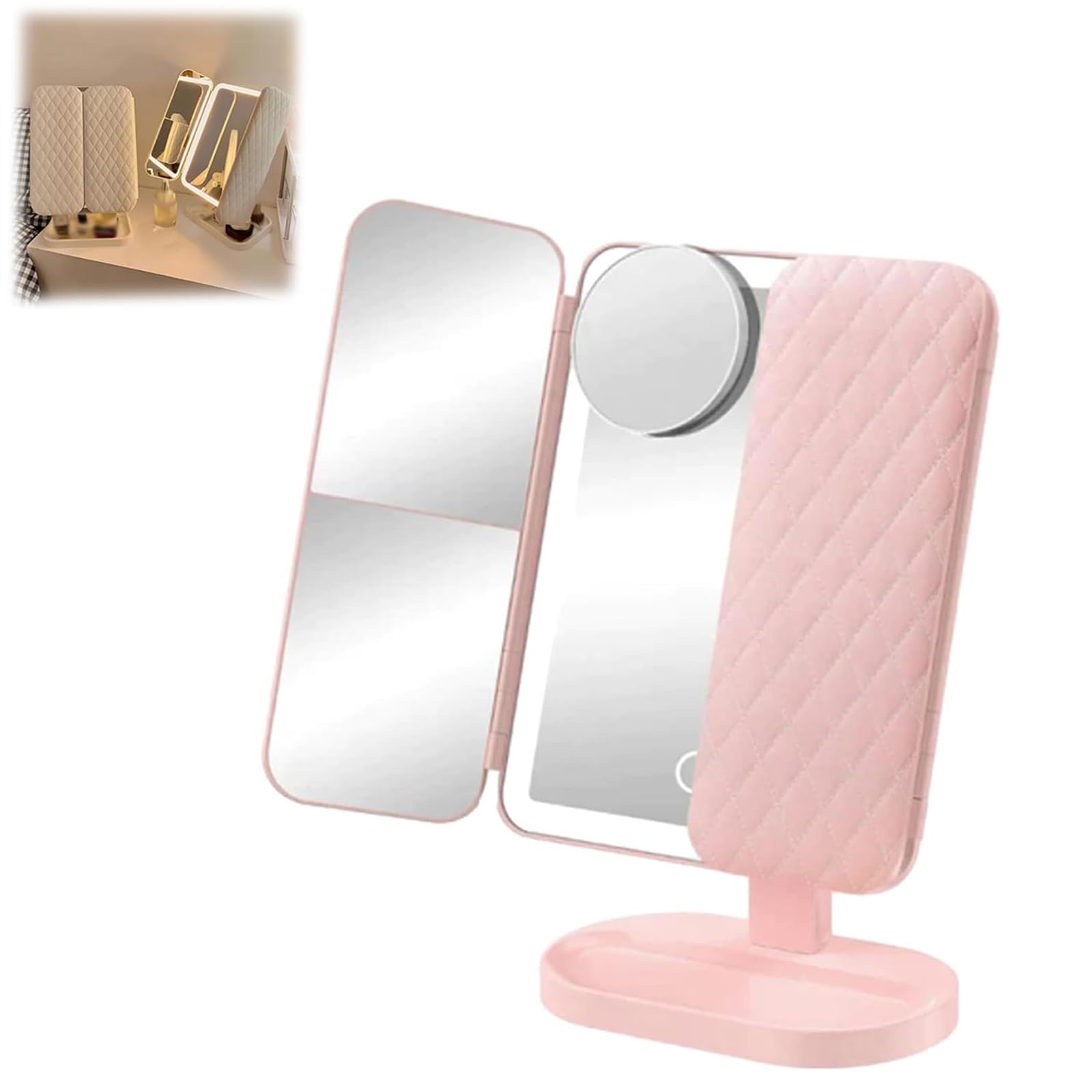 Yovont Pink Glisera Smart Mirror, Glisera Smart Makeup Mirror 2X 3X 10X Touch Screen Dimming, Makeup Mirror With Lights, Led Trifold Makeup Mirror Magnification, 180 ° Rotation Lighted Makeup Mirror (Pink)