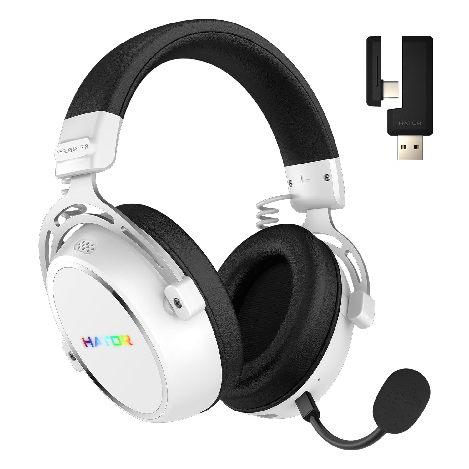 HATOR Hypergang 3 Wireless Gaming-Headset – Hi-Res Audio, Hybrid ANC, 45h Akku, Spatial Audio, Bluetooth & 2.4GHz, abnehmbares Mikrofon, RGB, Head Tracking, SyncHUB App – Weiß