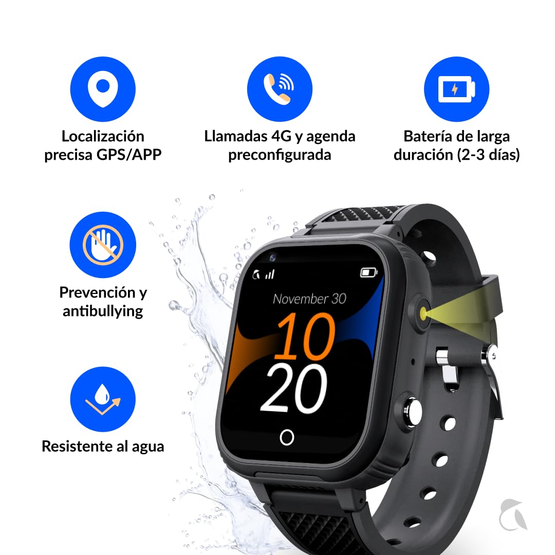 Robin K1 · Reloj GPS niños localizador y Llamadas | Llamadas, Chat Seguro, SOS, Modo Clase, Linterna, Podómetro, App Familiar Robin | Sin Juegos, ni Distracciones, ni Redes Sociales (Sin SIM, Negro)