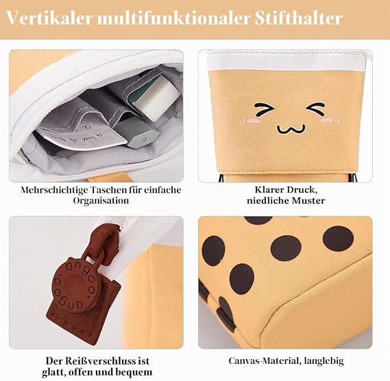 Pop Up Pen Box Makeup Bag Stand Up Bubble Tea Pen Holder Organizer Cosmetic Bag Kawaii Stationery (Brown)