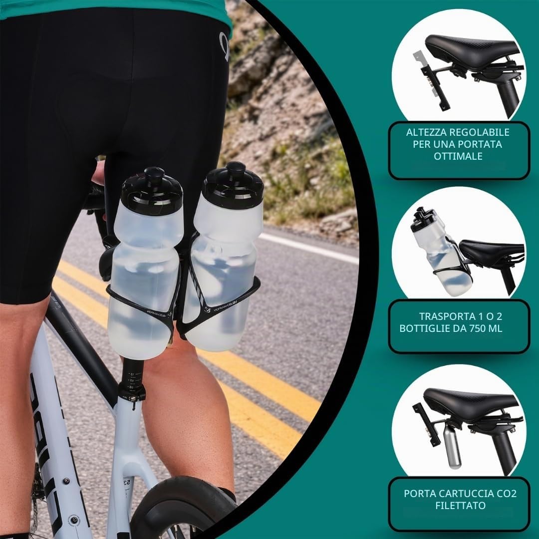 VeloChampion Porta Borraccia Universale per Bici | Supporto Idratazione Posteriore Triathlon e Ciclismo su Strada | 1 o 2 Borracce fino a 750 ml e CO2 | Compatibile con Binari Sella 50–80 mm (Premium)