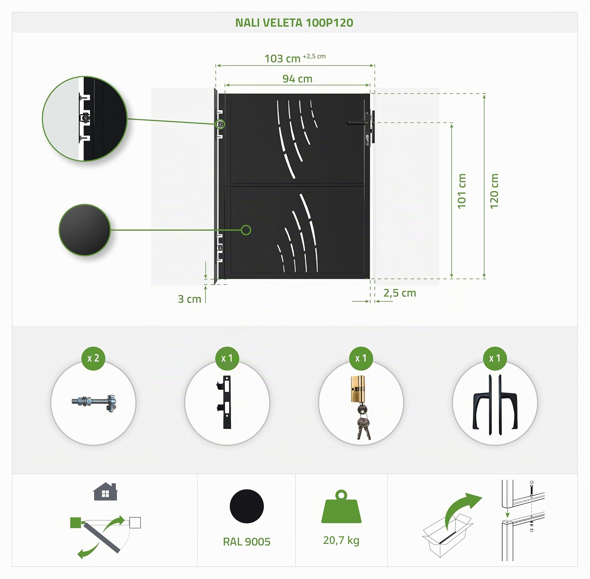 CASANOOV Portillon Acier NALI VELETA 1m H120cm Noir Mat - Portillon Jardin Design Motif Nature - Porte Jardin Acier Galvanisé Résistant Corrosion Chocs - Portillon Extérieur Sécurisé Kit Complet