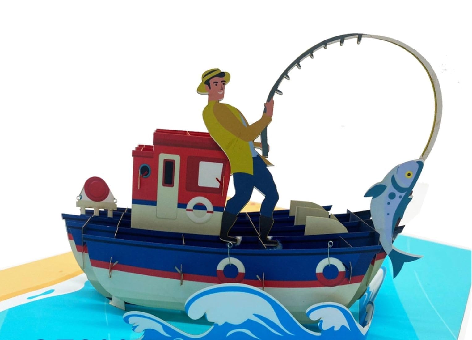 Funny 3D Pop Up Card Fisherman in Boat Catch Fish Father Day Birthday GiftFunny 3D Pop Up Card