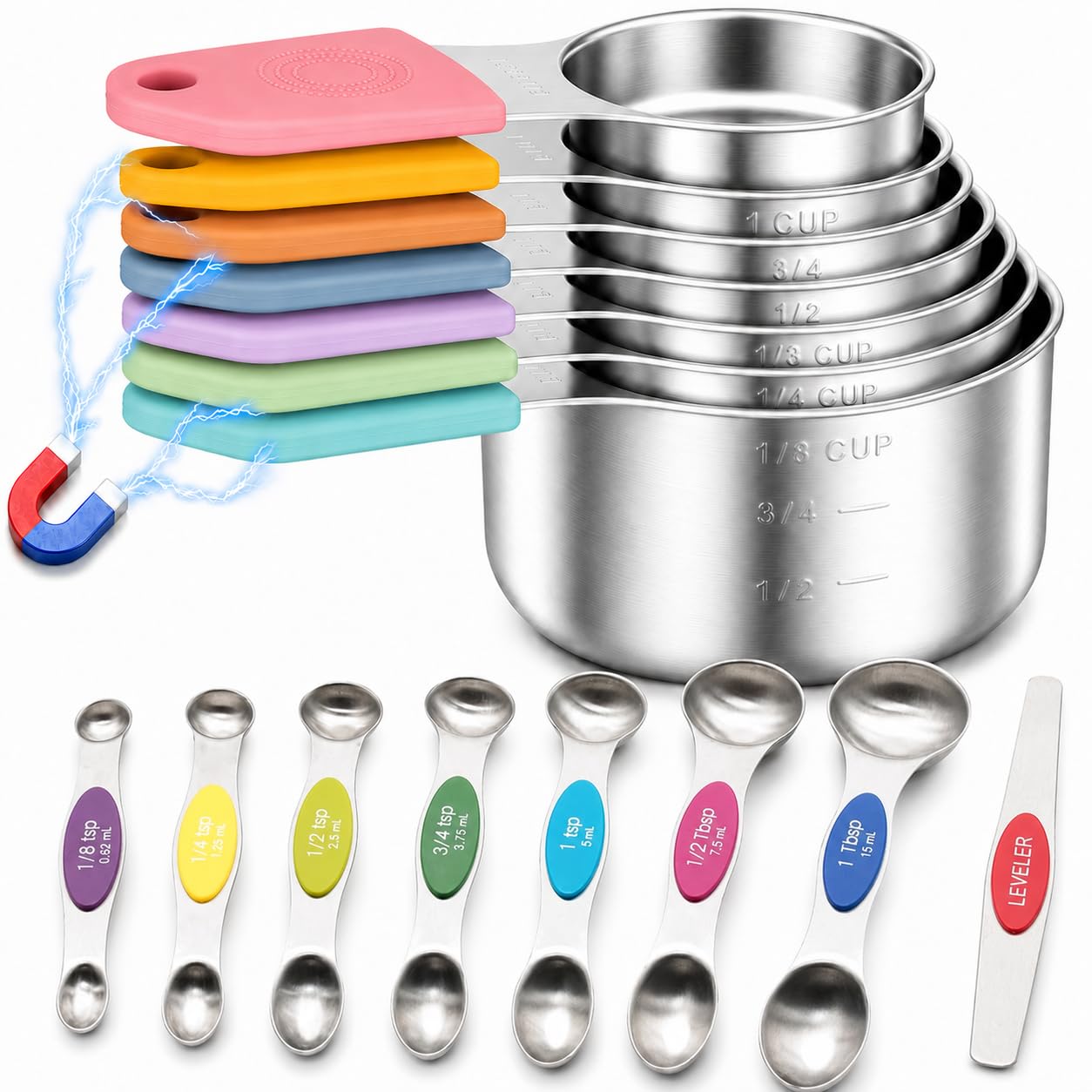 Magnetic Measuring Cups and Spoons Set-Heavy Duty 304 Stainless Steel Cups | Strong N52 Magnets,Double Measurement Markings,Fits in Spice Jars for Baking & Cooking, BPA Free,Set of 15 with Leveler Color