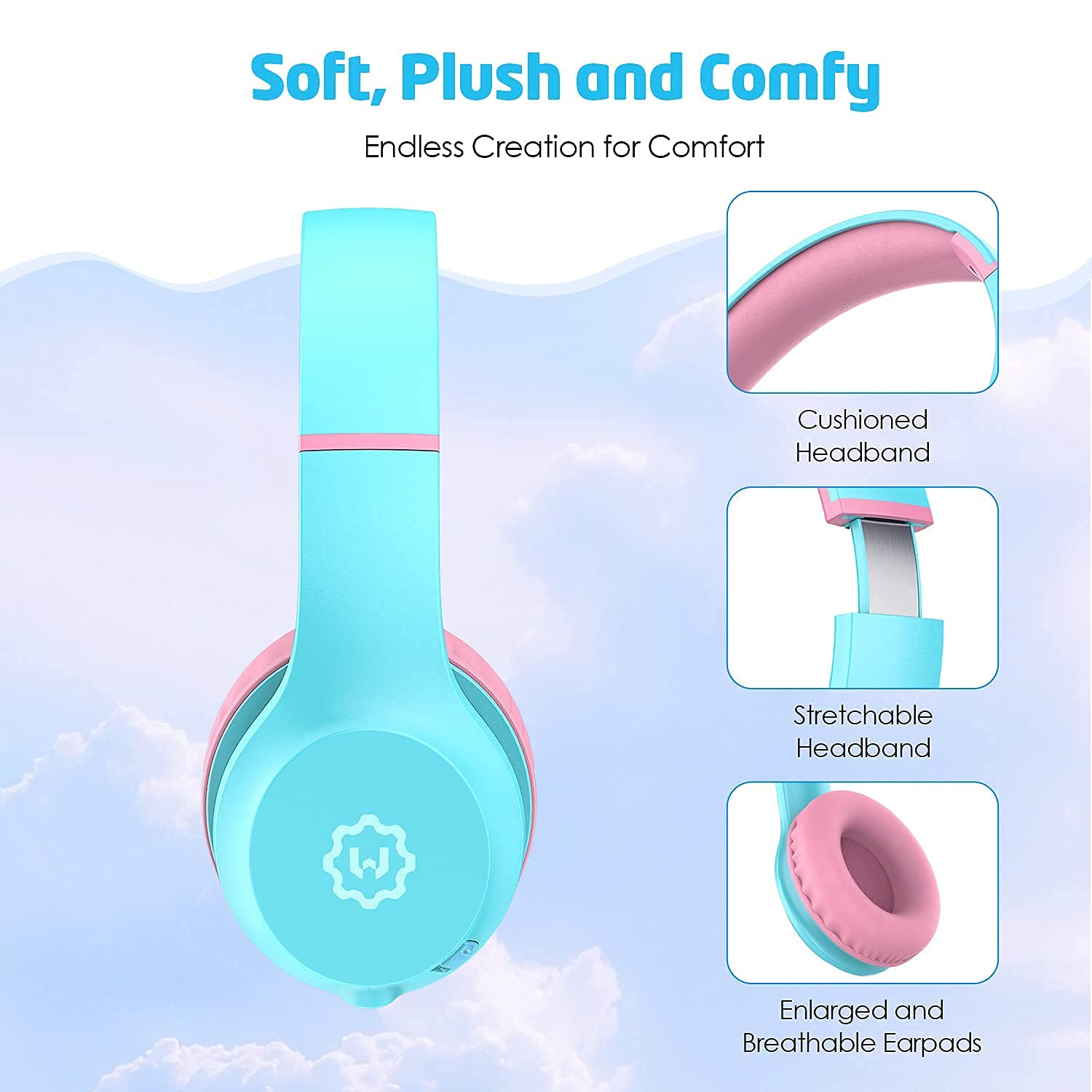 Cuffie per bambini, limitatore di volume 85/94 dB, cuffie sovrauricolari per ragazze e ragazzi, pieghevoli, con cavo, per iPad/tablet/viaggi, colore azzurro e rosa (nuovo microfono a collo