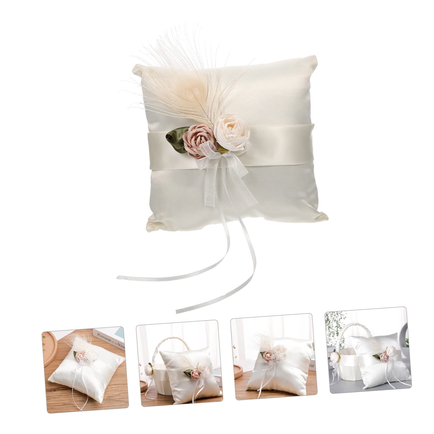 Cuscino Portafedi in Raso Bianco Fiori e Pizzo, Cuscino Fedi Nuziali Elegante per Decorazioni Matrimonio e Cerimonie Speciali