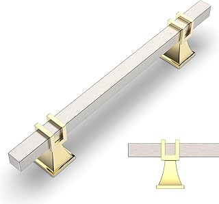 Amerdeco 10 Pack Brushed Satin Nickel and Gold Cabinet Pulls 5 Inch(128mm) Hole Center Drawer Pulls Cabinet Hardware Kitchen Cabinet Handles for Bathroom Dresser Pulls ZH0067