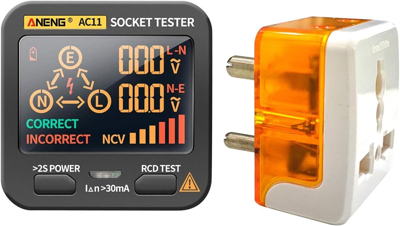 amiciSense RCD Socket Tester, Large LCD with Live Voltage and Leakage Display, Automatic Earth Neutral Line Wire Check Wall Plug Voltage and Leakage Tester, 230VAC