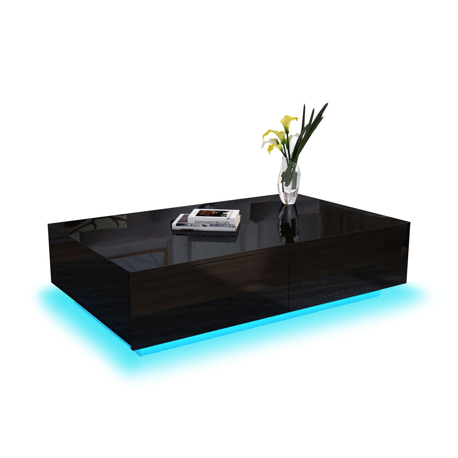 LED High Gloss Coffee Table with 4 Drawers Rectangle Storage Table Black