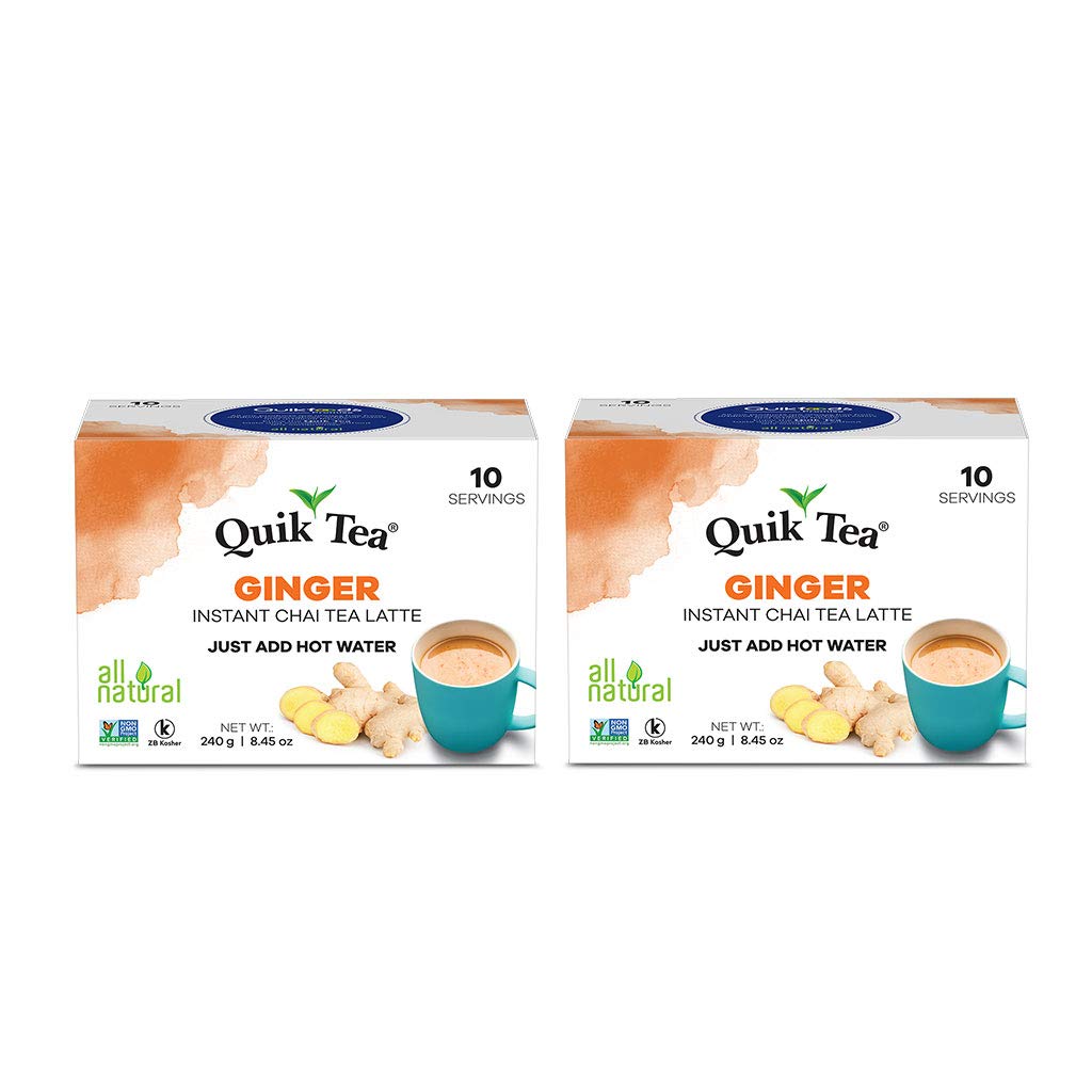 QuikTea Ginger Chai Tea Latte - 20 Count (2 Boxes of 10 Each) - Packaging May Vary - All Natural Preservative Free Authentic Chai from Assam & Darjeeling