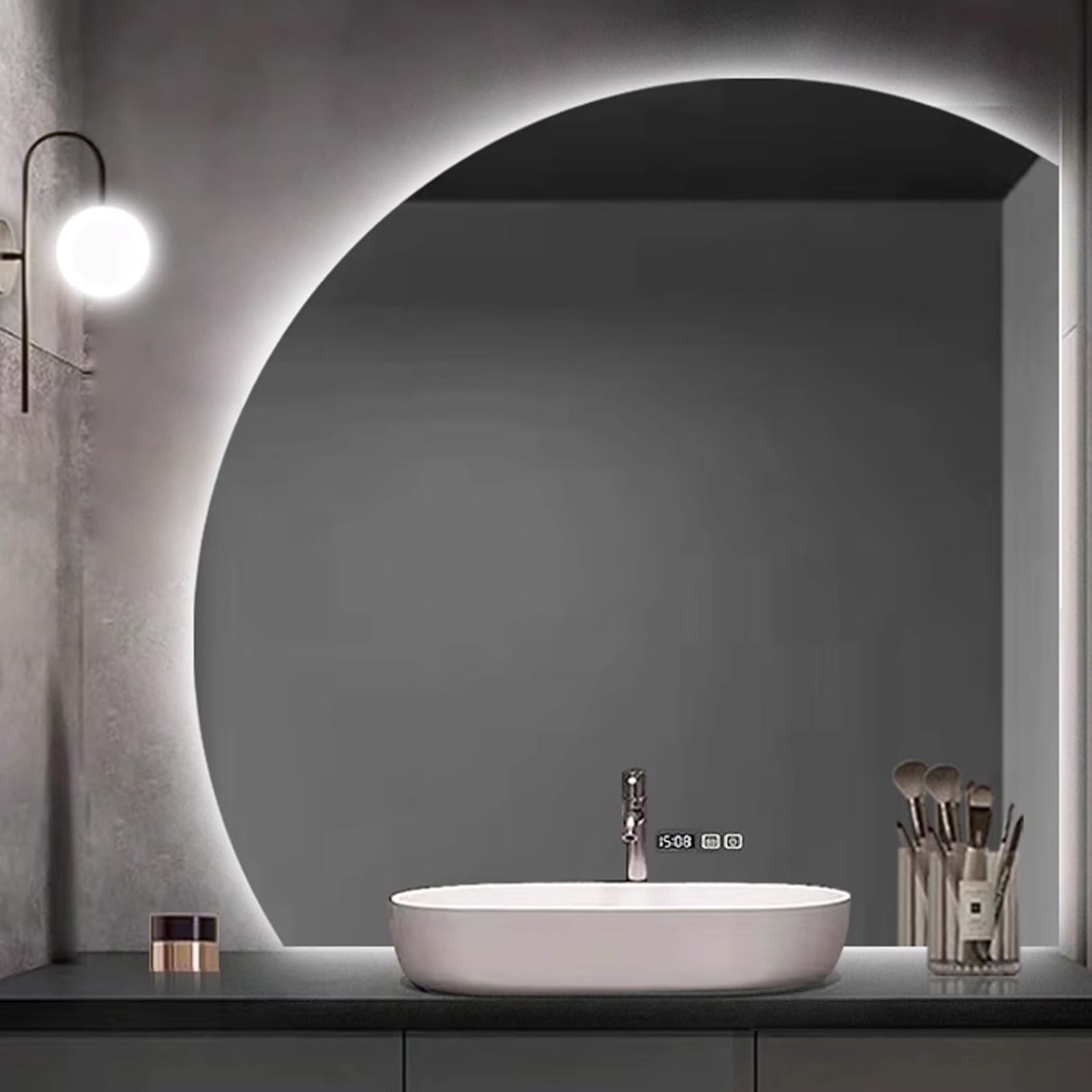 BKSXSOP LED Bathroom Mirror with Light & Shelves, Anti-Fog Vanity Time Temperature Display, 70cm/27.5in Wall-Mounted for Modern Bathrooms