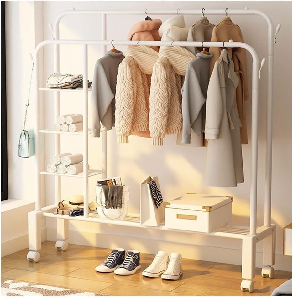 Image of HomeCloud Cloth Drying Stand | Multipurpose Dual Rod + Wheels Garments Rack with Bottom Shelf for Coat Hanger Home, Storage Organizer 1pc (White )