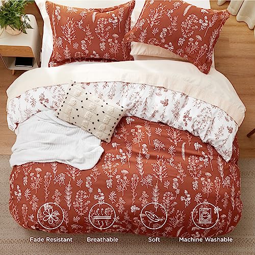 Image of Bedsure Duvet Cover Queen Size - Reversible Terracotta Queen Duvet Cover Set with Zipper Closure, 3 Pieces Floral Patterned Bedding Set with 8 Corner Ties and 2 Pillow Shams