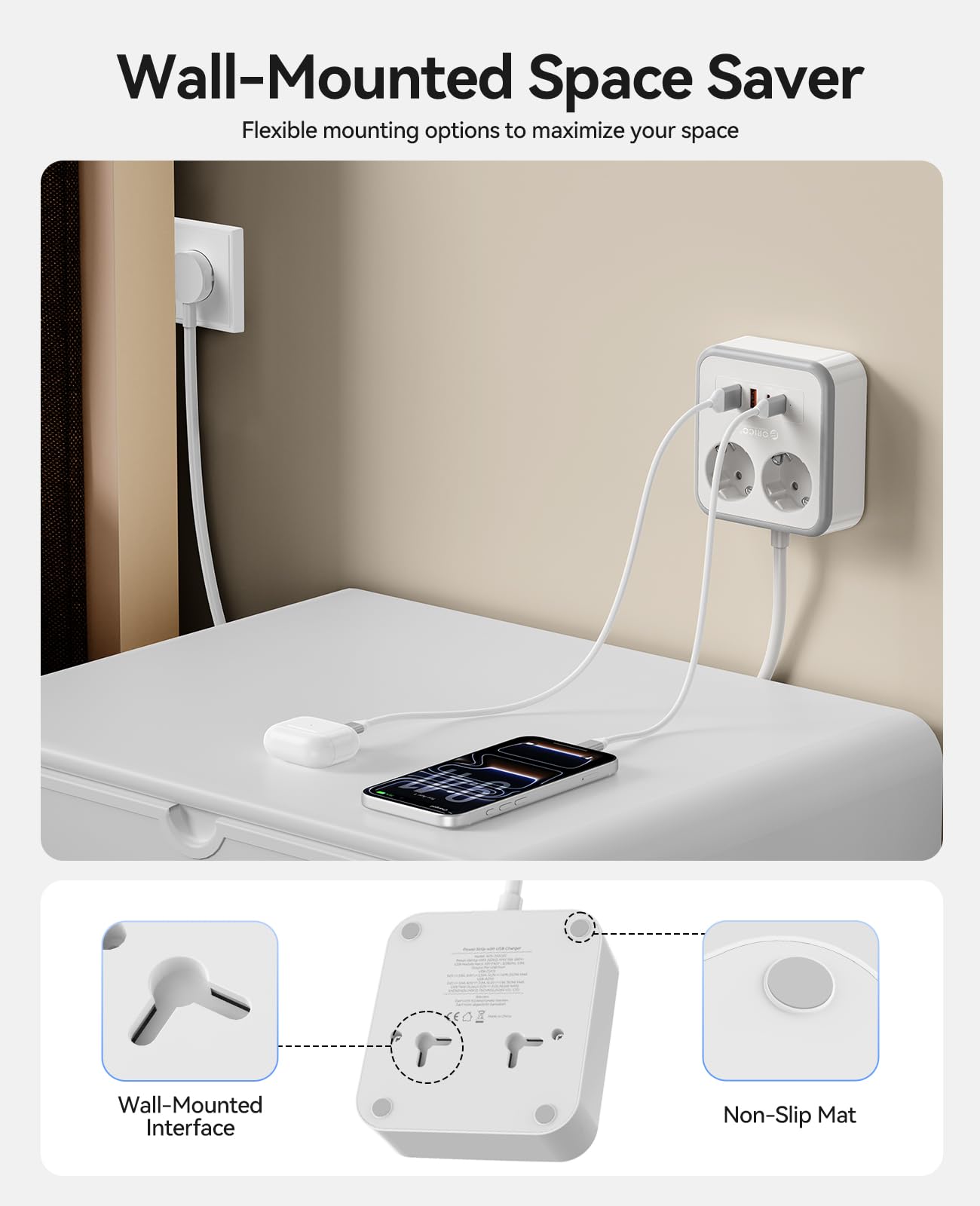 ORICO Regleta Enchufes con USB C 20W, Regleta de 3 Metros con 2 Tomas y 4 USB (2 USB-C), Diseño Compacto con Agujeros de Montaje y Pies Antideslizantes, 2500W, para Mesa o Pared, Blanco - APD — view 7