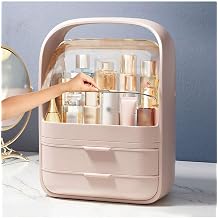 RIYA Makeup Organizer Holder Cosmetic Storage Box With Dust Free Cover Portable Handle,Fully Open Waterproof Lid, Dust Proof Drawers,Great For Bathroom Countertop Bedroom Dresser Pink