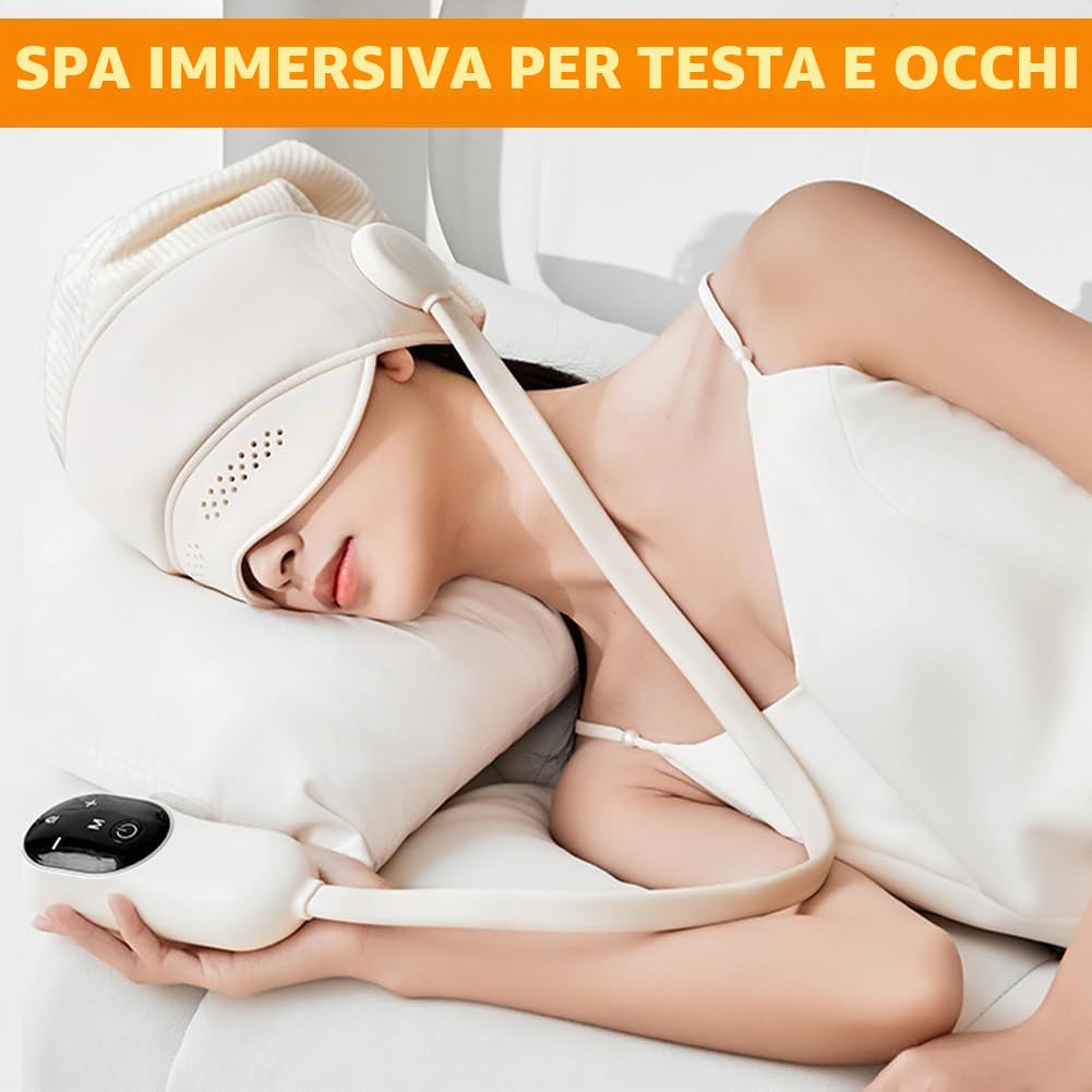 Massaggiatore elettrico per la testa con 6 zone e calore degli occhi (38-50 °C), massaggiatore elettrico per alleviare mal di testa/stress, massaggiatore per testa con 3 modalità per un sonno migliore