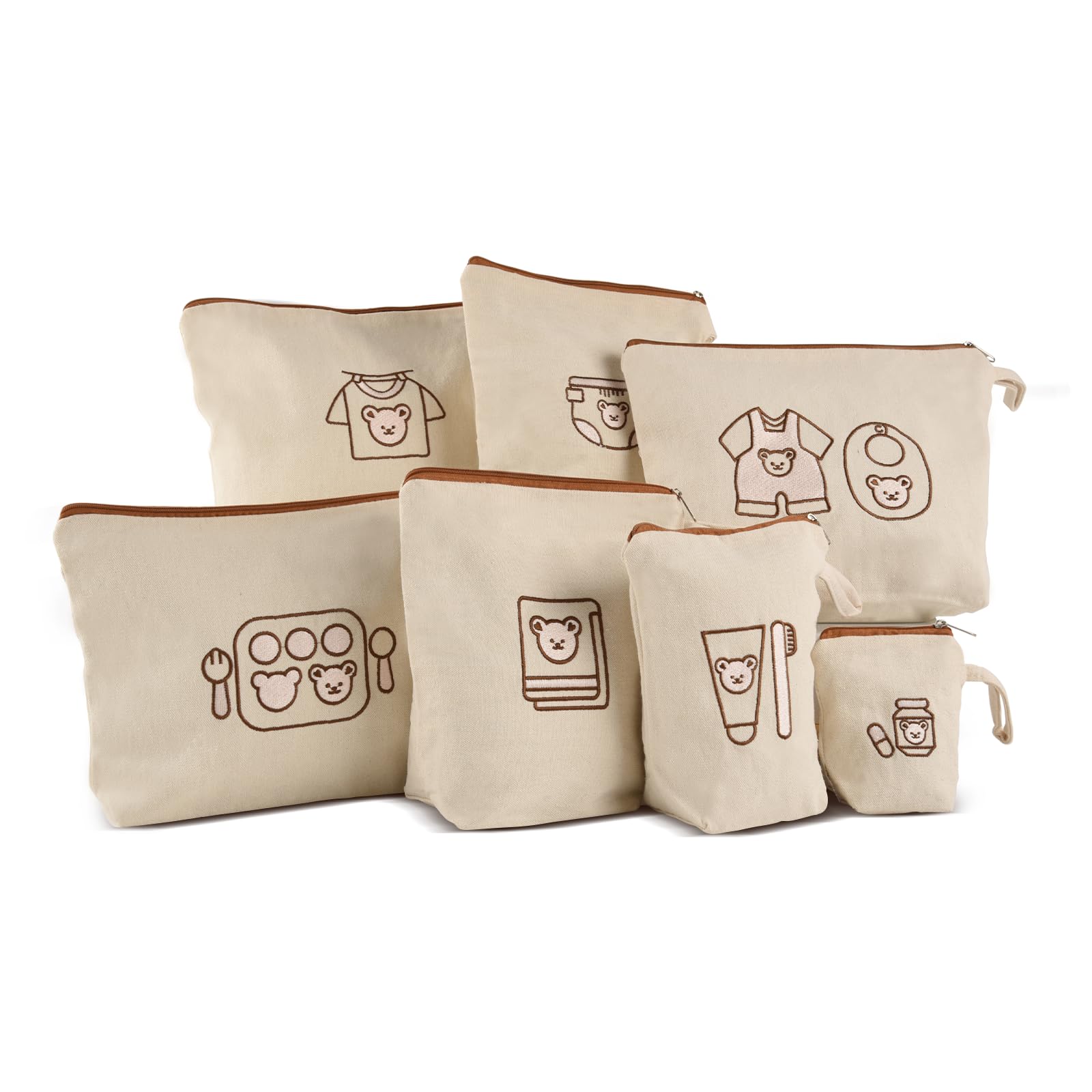 Mini Nomad Diaper Bag Organizing Pouches Set of 7, Waterproof Canvas Pouch, Baby Bag Organizer, Beige/Brown