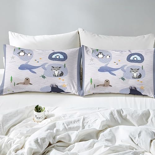 Miniatura 5 de Juego de funda de edredón de animales lindos, tamaño King, funda de edredón con 2 fundas de almohada, diseño de pingüino y ballena ártica con 2
