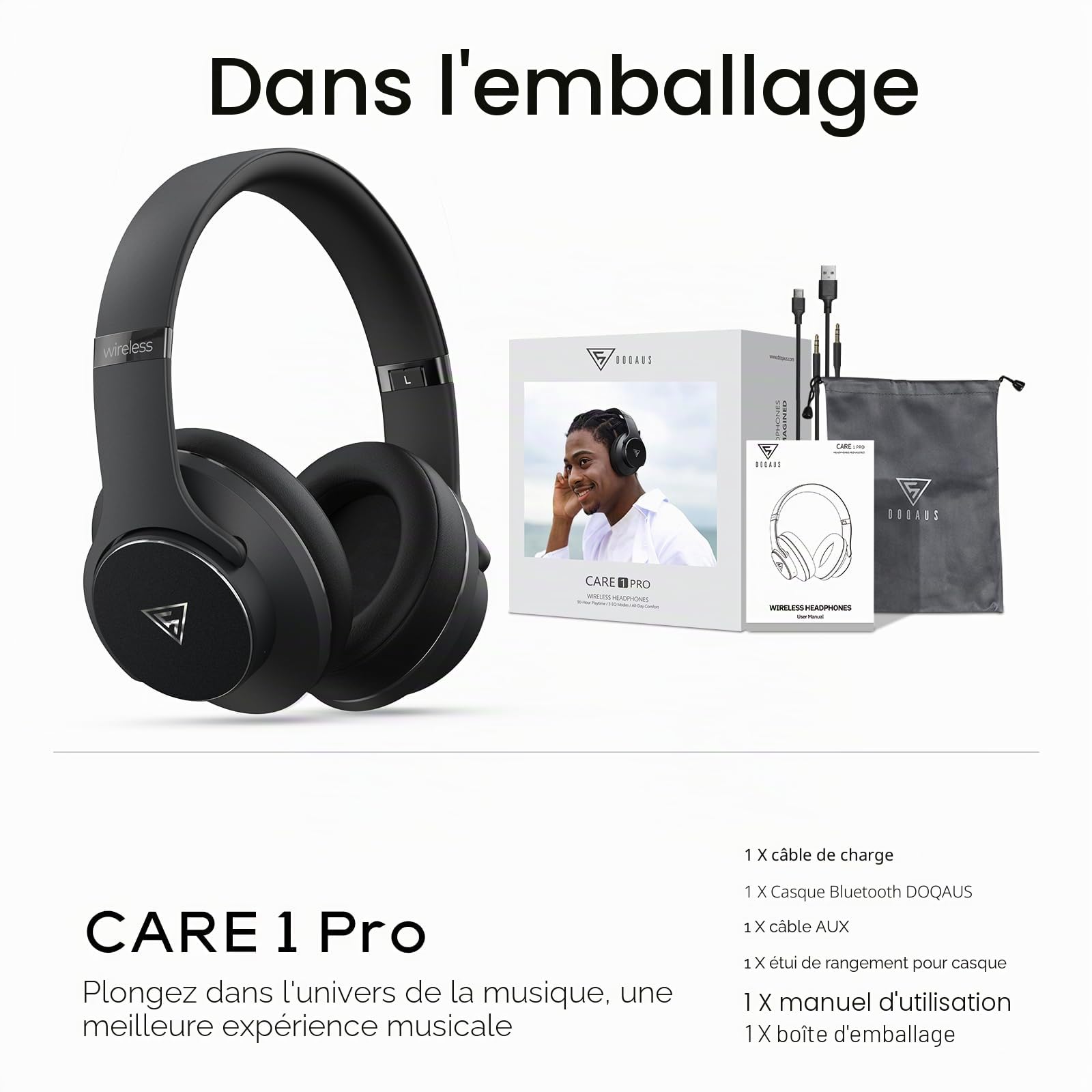 DOQAUS Casque Bluetooth sans Fil 90H avec Microphone /3EQ,Casque Audio Bluetooth,Wireless Headphones Pliable pour Ordinateurs/Téléphones Mobiles