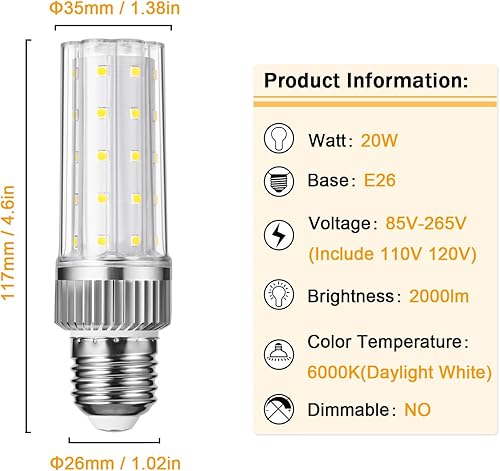Miniatura 2 de Bombilla LED E26, bombilla LED de maíz de 20 W, equivalente a 150 W, 6000 K, luz blanca diurna, 2000 lúmenes, no regulable, ventilador de techo,
