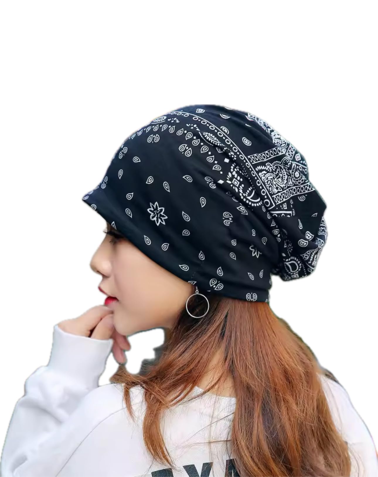 FUTURE TABS Baggy Slouchy Paisley Printed Bandanna for Men & Women - Black | Aesthetic Unisex Headband | Breathable & Comfortable Cotton Bandana | Chunky Beanie Chemo Hat Skull Cap