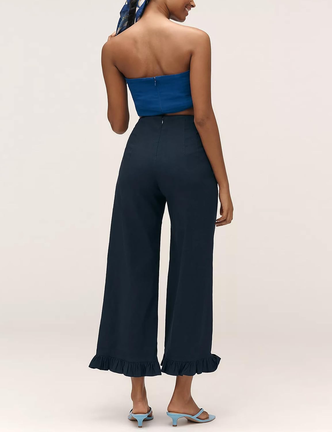 Women's Plaid Flare Pants Summer Casual Gingham Elastic Waist Ruffle Cropped Hem Y2K Loose Fit Trousers with Pockets