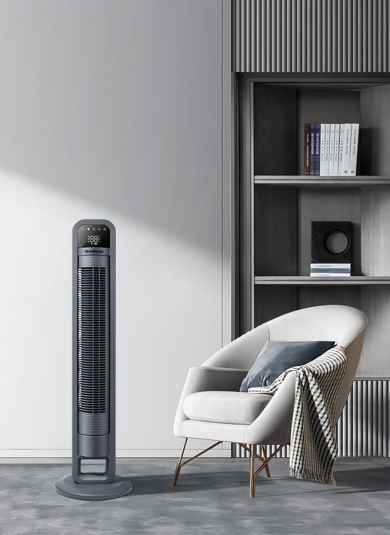 OmniBreeze Ventilador de torre eléctrico digital, oscilación interior con control remoto, pantalla LED, ventiladores de suelo sin alas de pie, refrigeración y uso en interiores