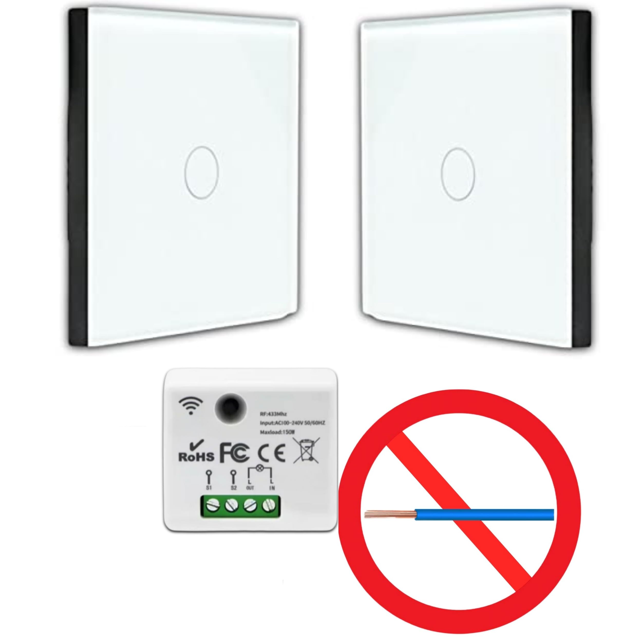 KIT Interrupteur sans fil - Bouton tactile va et vient prêt à poser – 2 Télécommande murale + 1 interrupteur relais récepteur radio encastrable sans neutre - Compatible Led