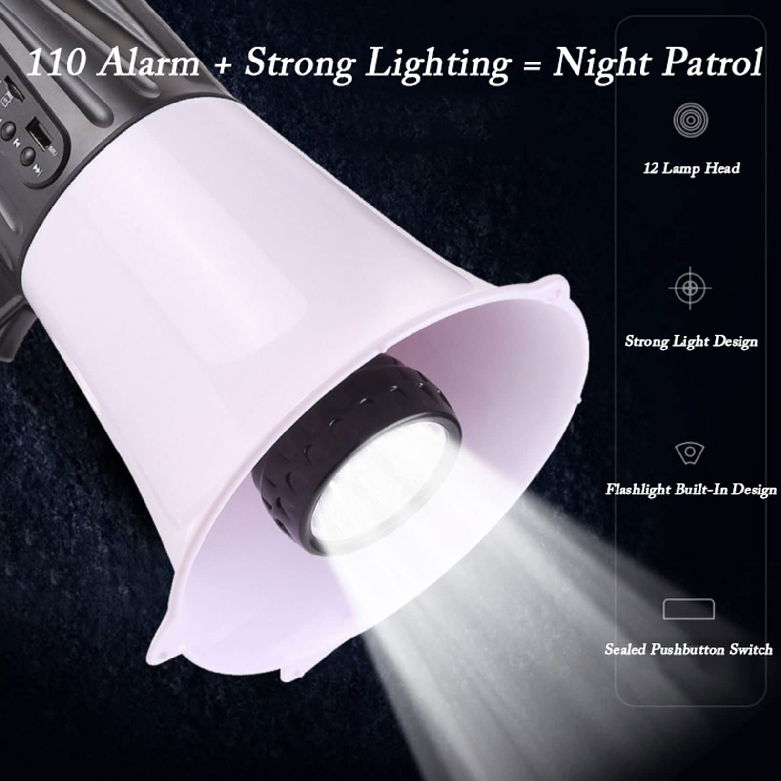 Megafon LED Megafon Bullhorn Lautsprecher mit LED-Taschenlampe, 30 Watt Megafon-Lautsprecher, Lautsprecher mit Sprachsteuerung für Outdoor, Polizei, Cheerleading