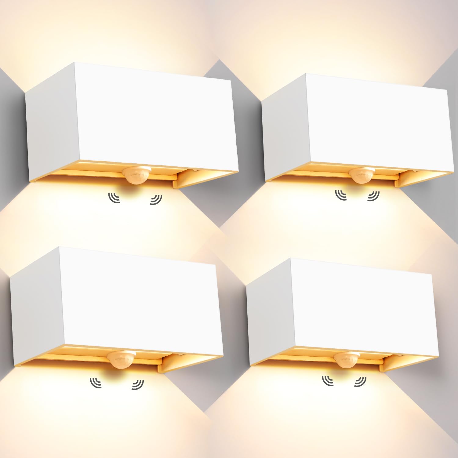 Kingwei 4 Piezas 20W LED Aplique de Pared Exterior Con Detector de Movimiento 3000K Luz Blanca Cálida Luminaria Exterior de Pared IP65 Lámpara de Pared Con Ángulo de Haz Ajustable Diseño Arriba Abajo