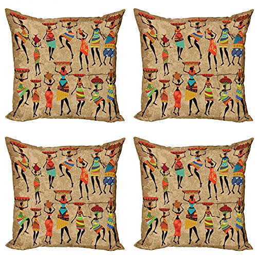 Ambesonne African Decorative Throw Pillow Case Pack of 4, Woman Silhouettes with Traditional Clothes Carrying Bowls on Head, Cushion Cover for Couch Living Room Car, 18 , Camel Brown