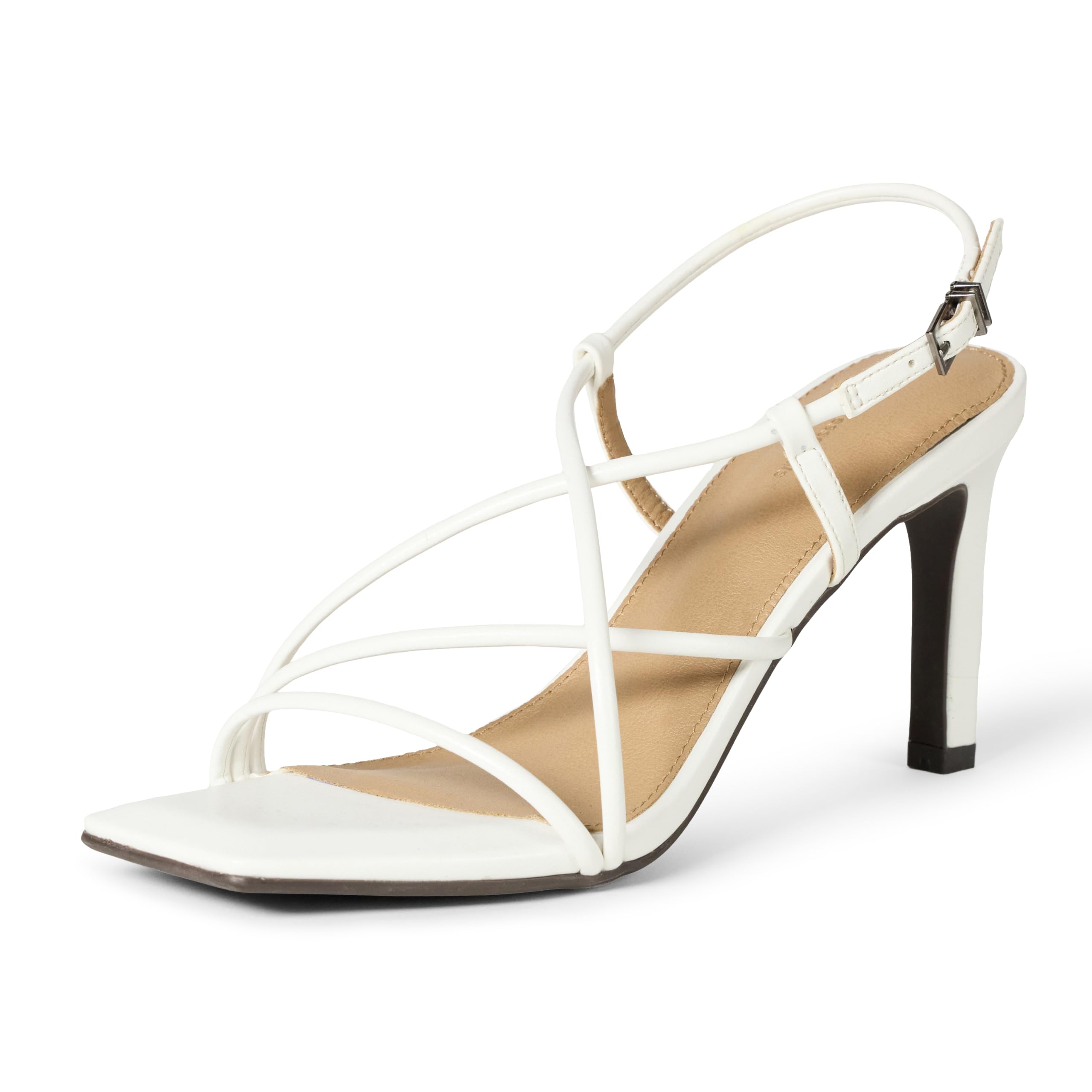 Amazon Essentials Women's Strappy Stiletto Heel Sandals, White Faux Leather, 10