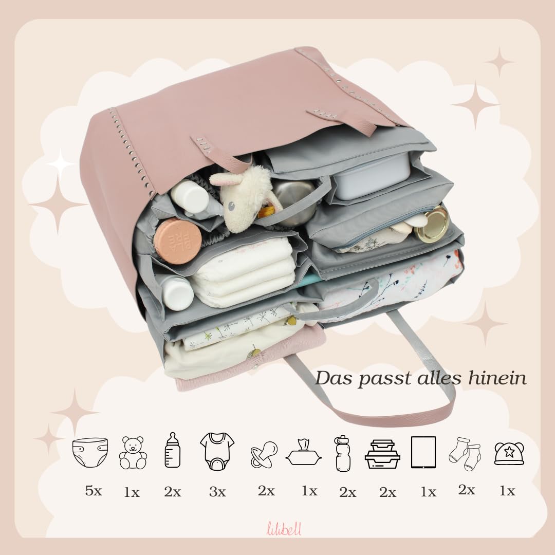 große Windeltasche für Newborn Baby Essentials, Handtaschen Organizer für Eltern, Taschenorganizer mit Thermofach, Waschbare Wickeltasche für Babys, Reisetasche, Granda Grau