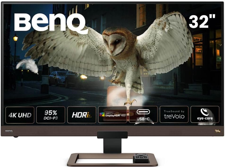 EW3280U 32 Inch 4K IPS Monitor with 2.1 Speaker System, Built-in Woofer, Remote Control, USB-C (60W PD), FreeSync, Custom Audio Modes, Edge-to-Edge Display – Metallic Grey