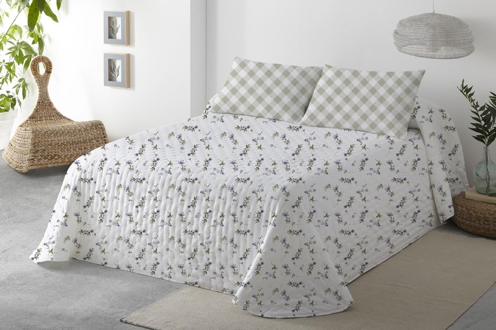 BOHEME | Colcha Estampada Reversible Flores Azul para Cama de 135 | Ligera, Transpirable y de Secado Rápido | 235x270 cm | Ideal para Entretiempo