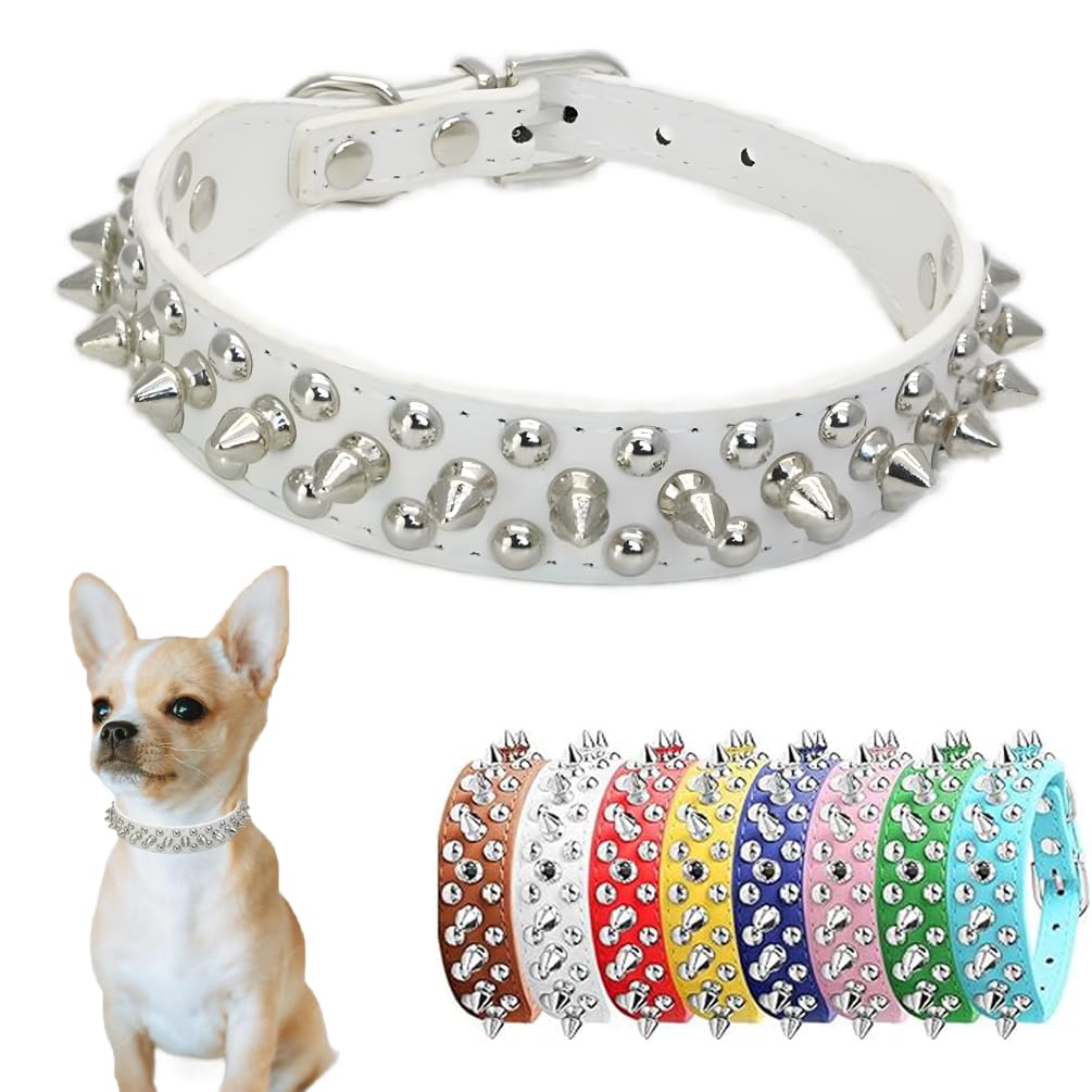 Spiked Dog Collar Soft PU Leather Rivet Spike Puppy Collar Studded Cat Collars Metal Buckle Adjustable For Small Medium Large Breed Pets Like Chihuahua Pug Pit Bull Bulldog, White L — image 1