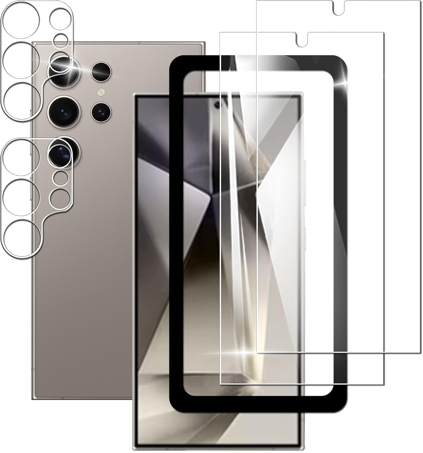 Briacicell 対応【2+2枚セット】Galaxy S24 Ultra用の ガラスフィルム (2枚) + Galaxy S24 Ultra 用のカメラフィルム (2枚)【ガイド枠付き 日本旭硝子製 9H強度】ギャラクシー S24 Ultra SC-52E SCG26 フイルム 強化ガラス 高透過率 高感度タッチ 貼り付け簡単 飛散防止 衝撃吸収 指紋防止 ラウンドエッジ加工