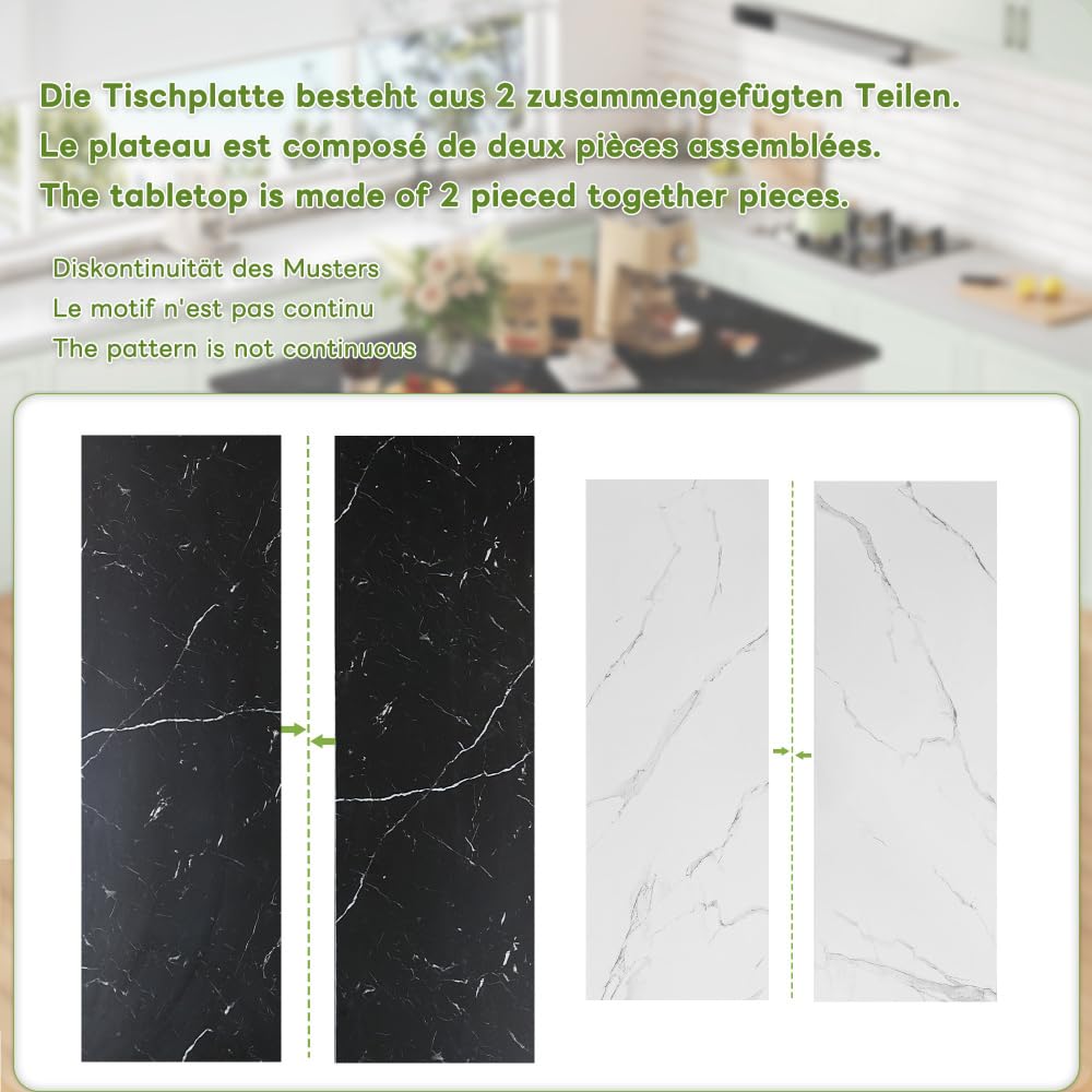 Seyakany Îlot de Cuisine Multifonctionnel avec Table à Manger Extensible Blanche de 150 cm + 96 cm, Plan de Travail/Table en Bois marbré Noir/Blanc, armoires de Rangement intégrées