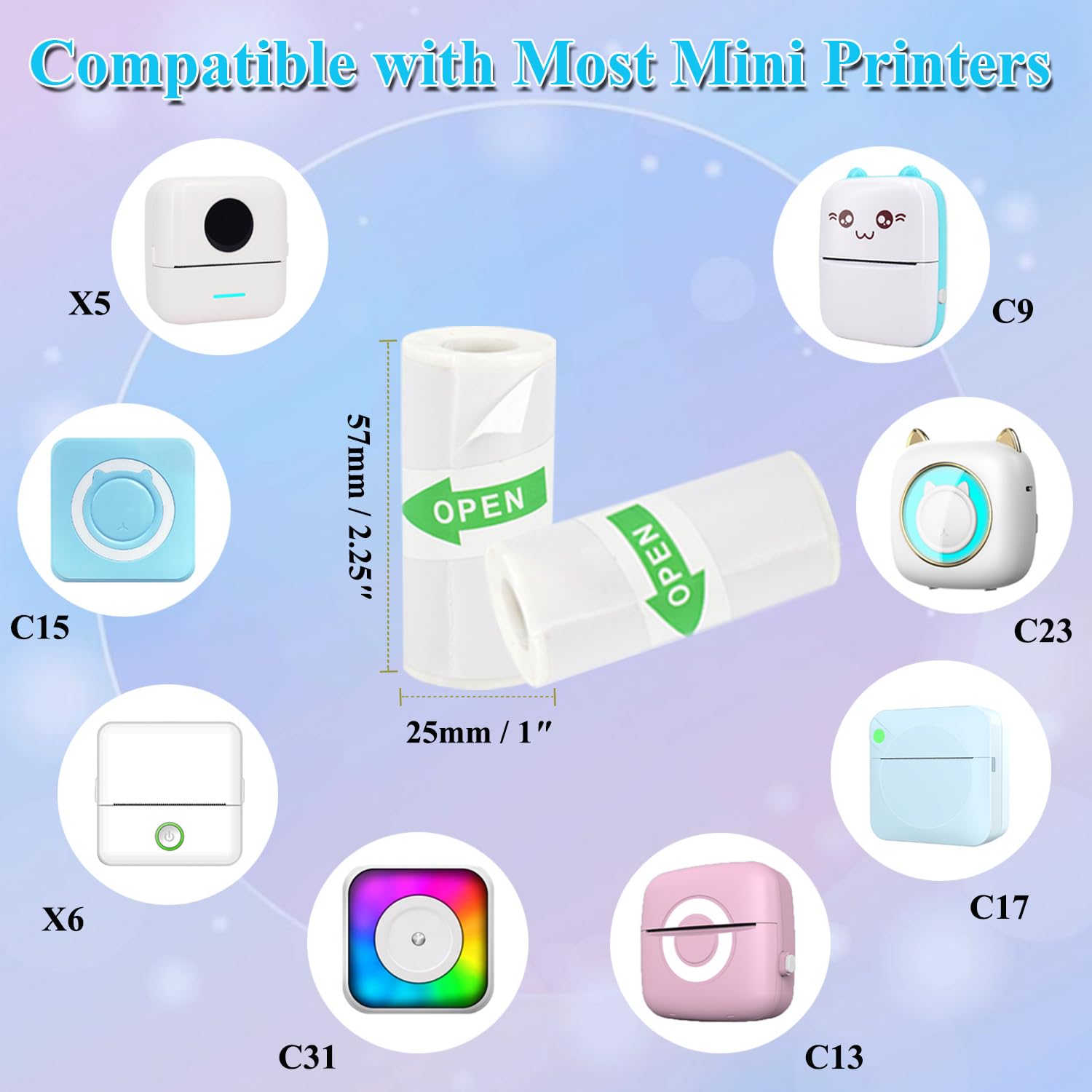 15 rollos de papel adhesivo para mini impresora, papel adhesivo térmico para mini impresora, papel autoadhesivo para mini impresora, 57 x 25 mm, compatible con la mayoría de mini impresoras