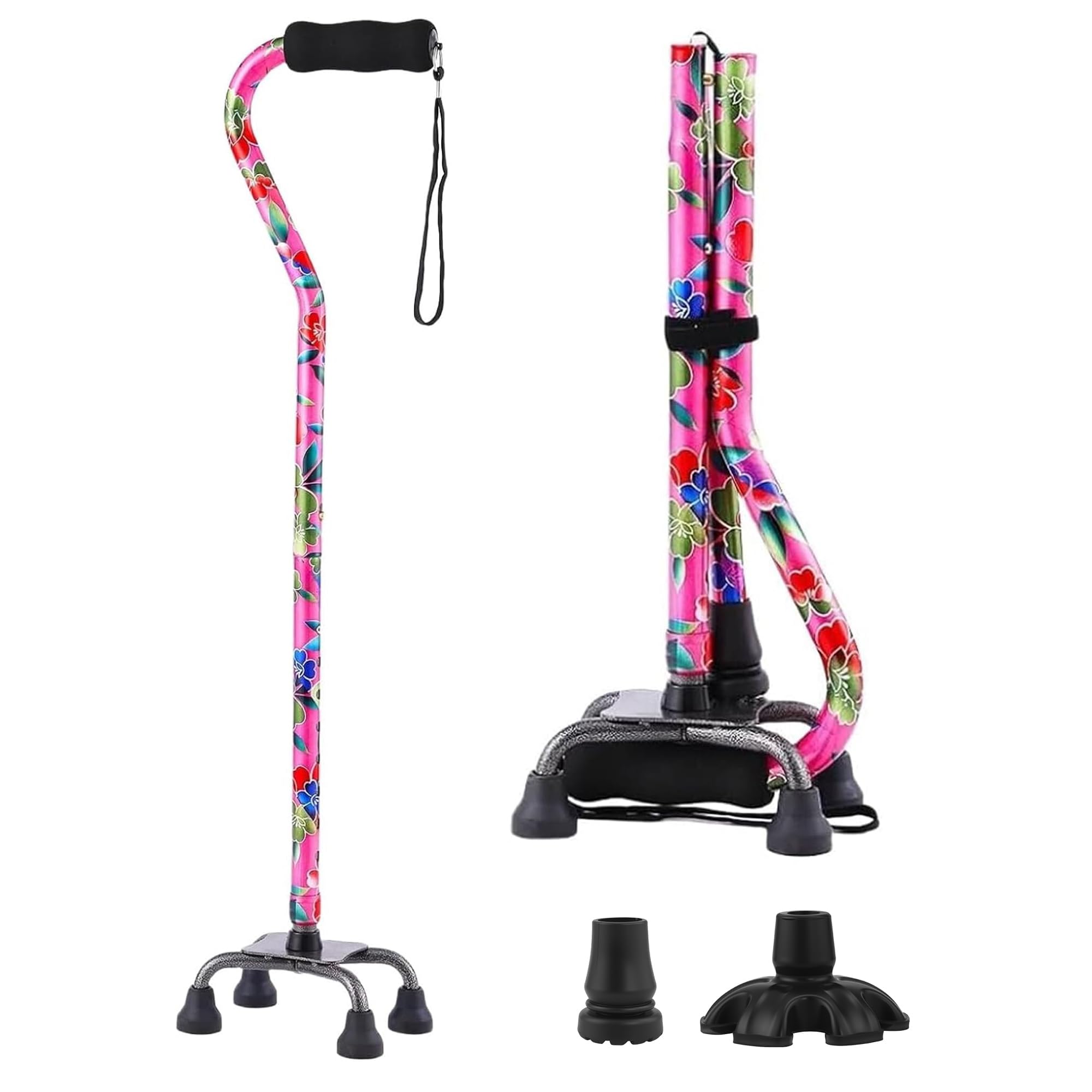 Quad Cane YOKABOZE Adjustable Walking Cane with 4-Pronged Base for Extra Stability Silicone Handle and Replaceable Lightweight Aluminum Walking Stick for Men or Women